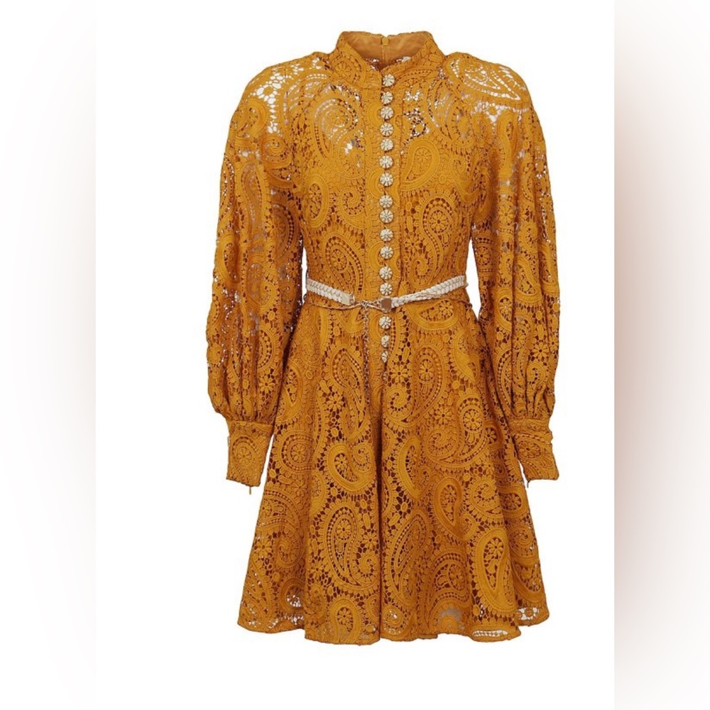 Zimmermann Mustard Yellow Eyelet Lace Long-Sleeve Dress